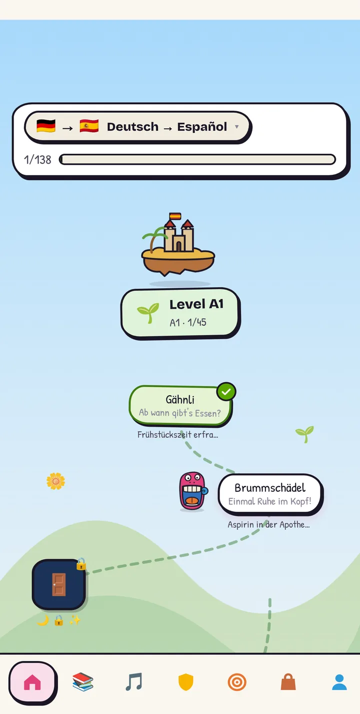 DopaSpeak App: Insel-Karte mit Lernpfad Deutsch nach Spanisch, Level A1