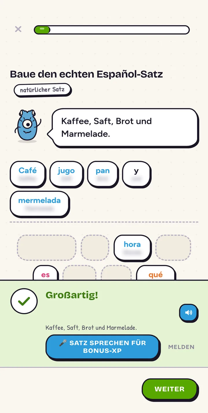 DopaSpeak App: Satz richtig gebaut, Meldung Großartig, Knopf Satz sprechen für Bonus-XP